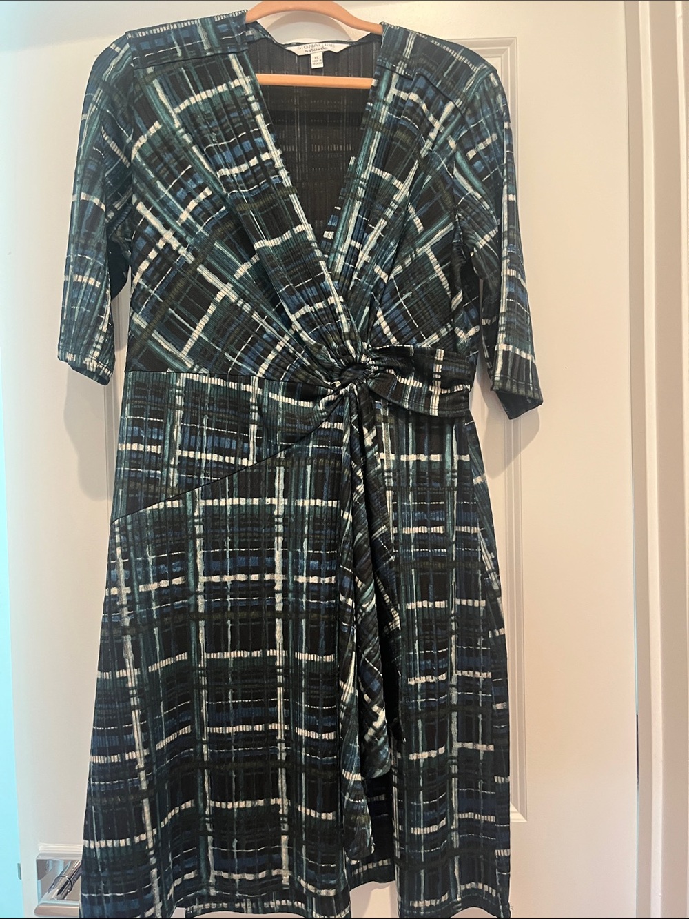 Green Plaid Faux Wrap Dress with Knot Detail XL